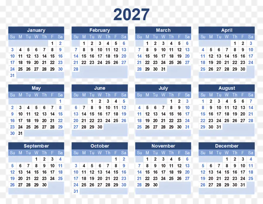 Calendrier 2027，Calendrier 2028 PNG