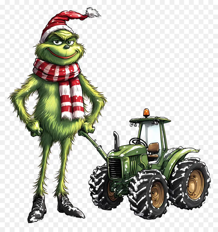 Grinch De Noël，Créature Verte Avec Tracteur Jaune PNG