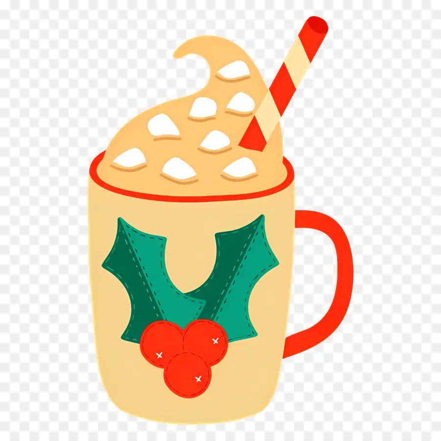 Chocolat Chaud De Noël，Mug Jaune Avec Houx PNG