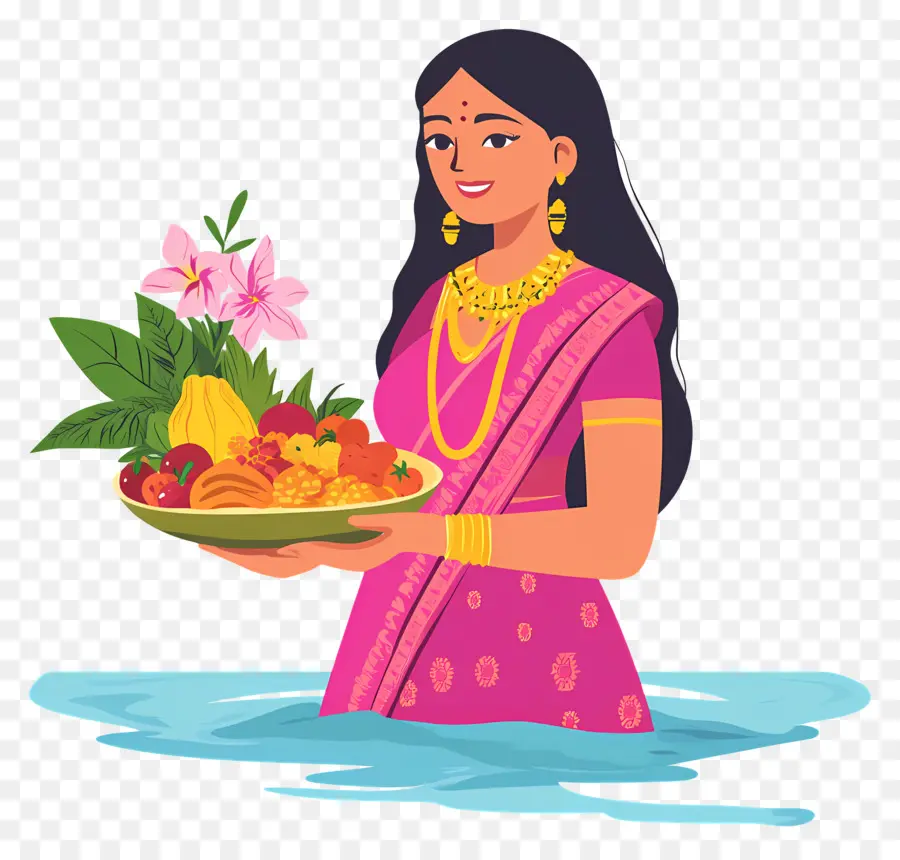 Chhath Puja，Femme En Costume Traditionnel Avec Des Offrandes PNG