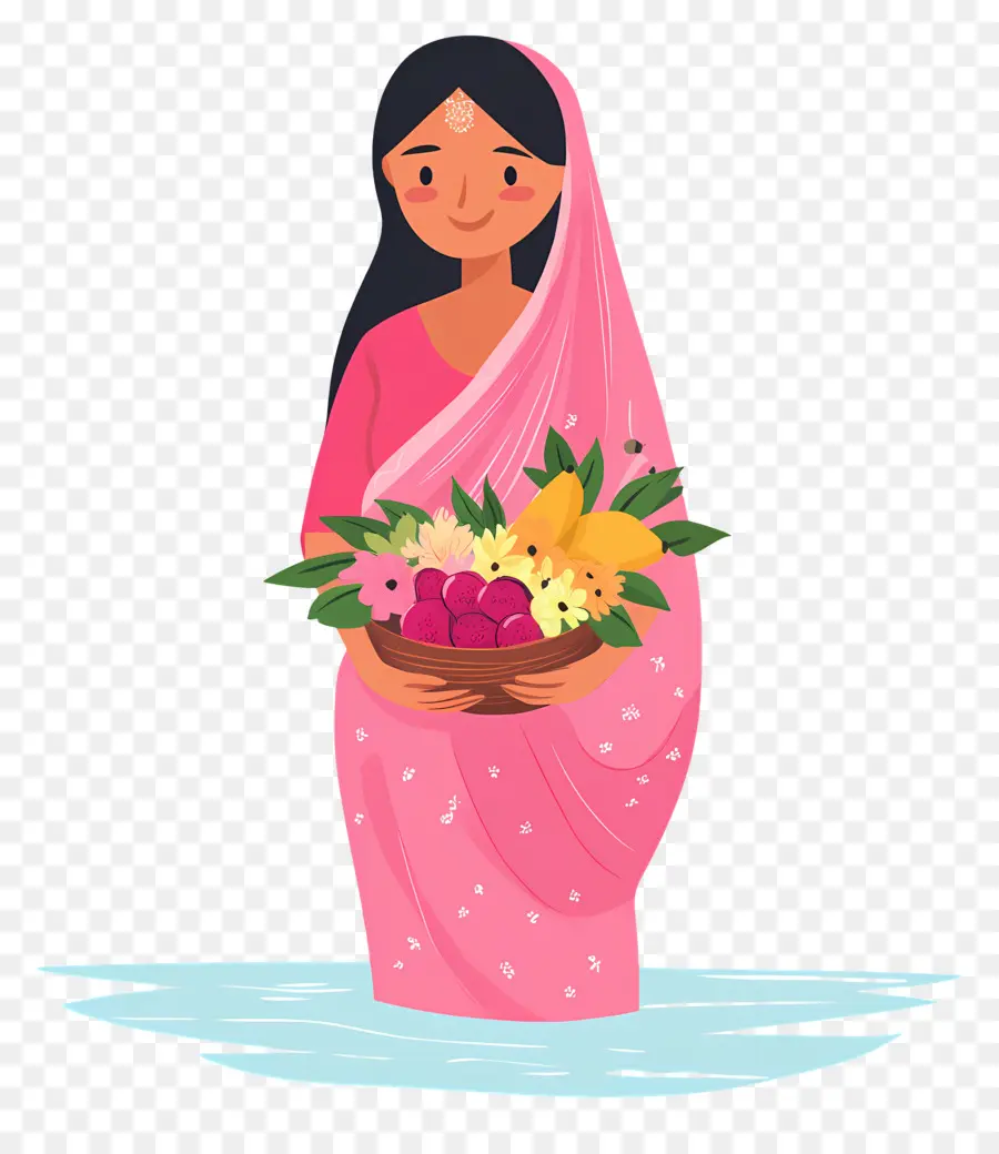 Chhath Puja，Femme Avec Corbeille De Fruits PNG