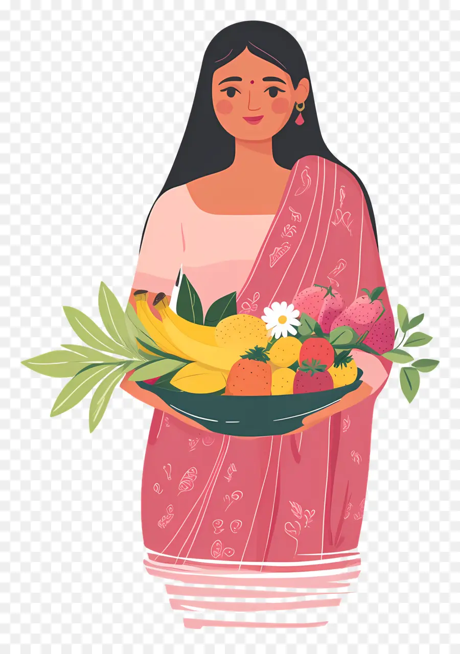 Chhath Puja，Femme Avec Corbeille De Fruits PNG