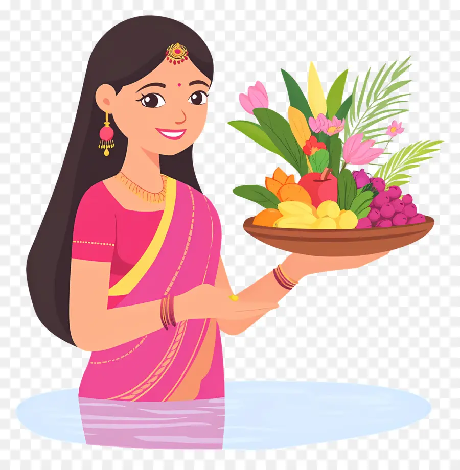 Chhath Puja，Femme Avec Corbeille De Fruits PNG