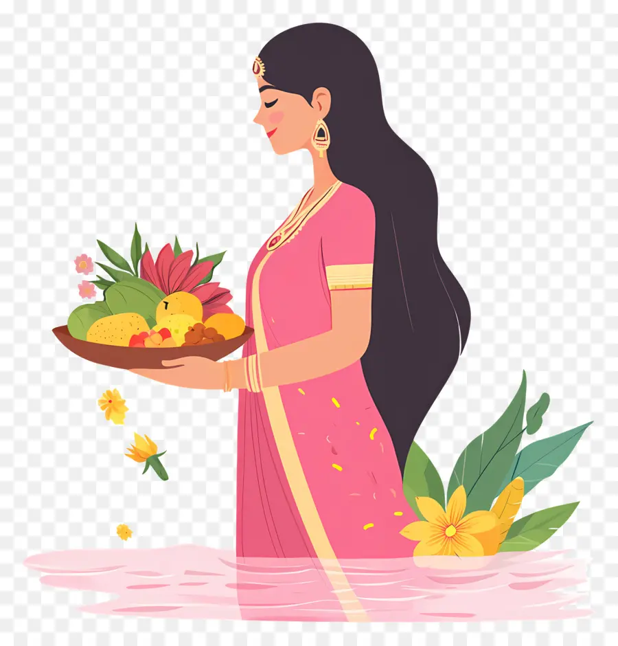 Chhath Puja，Femme Avec Corbeille De Fruits PNG