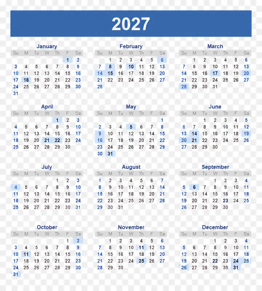 Calendrier 2027，Calendrier 2028 PNG