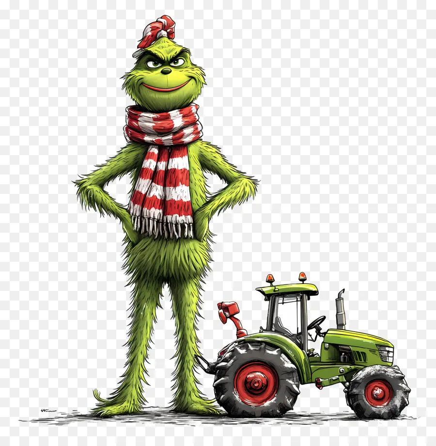 Grinch De Noël，Créature Verte Avec Tracteur Vert PNG