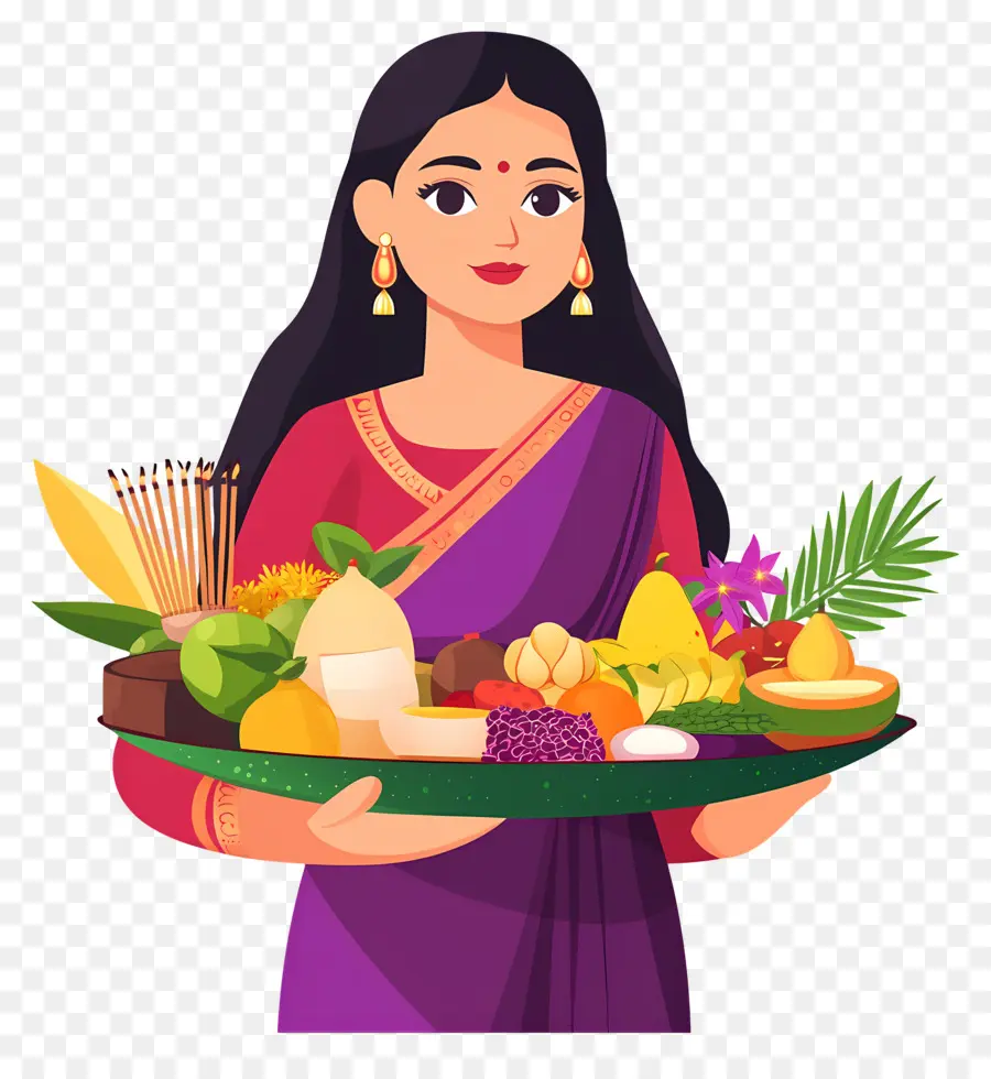 Chhath Puja，Femme Avec Corbeille De Fruits PNG