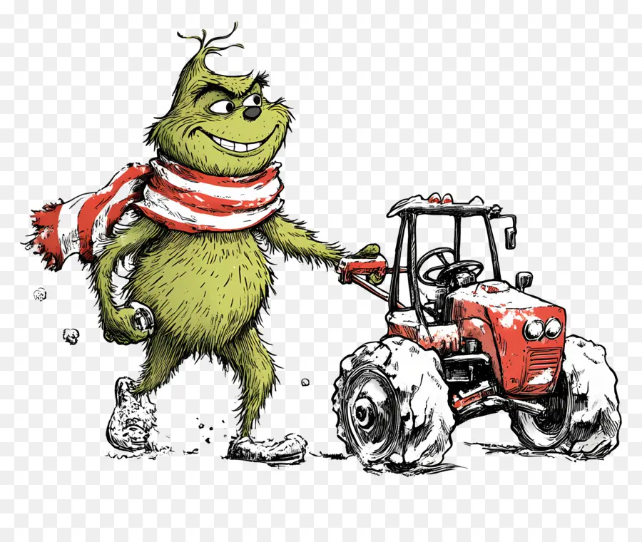 Grinch De Noël，Créature Verte Avec Tracteur Rouge PNG