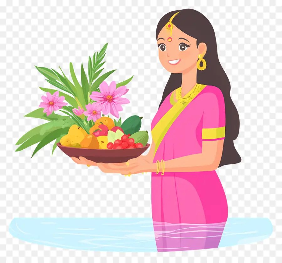 Chhath Puja，Femme En Costume Traditionnel Avec Offrandes PNG