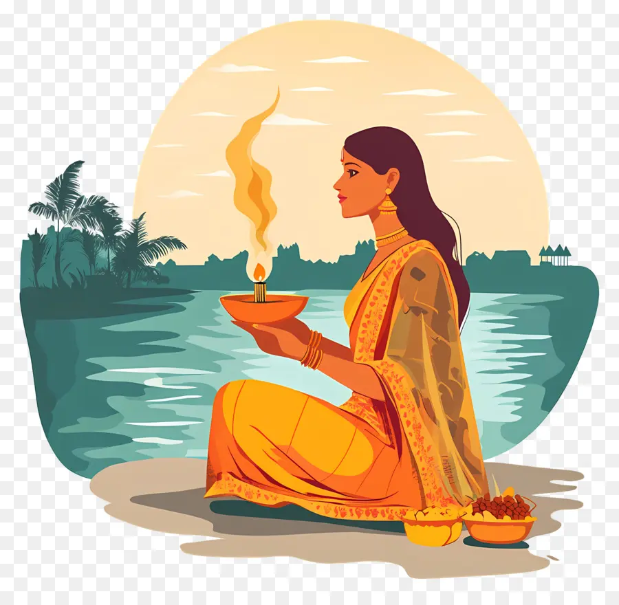 Chhath Puja，Femme Avec Diya PNG