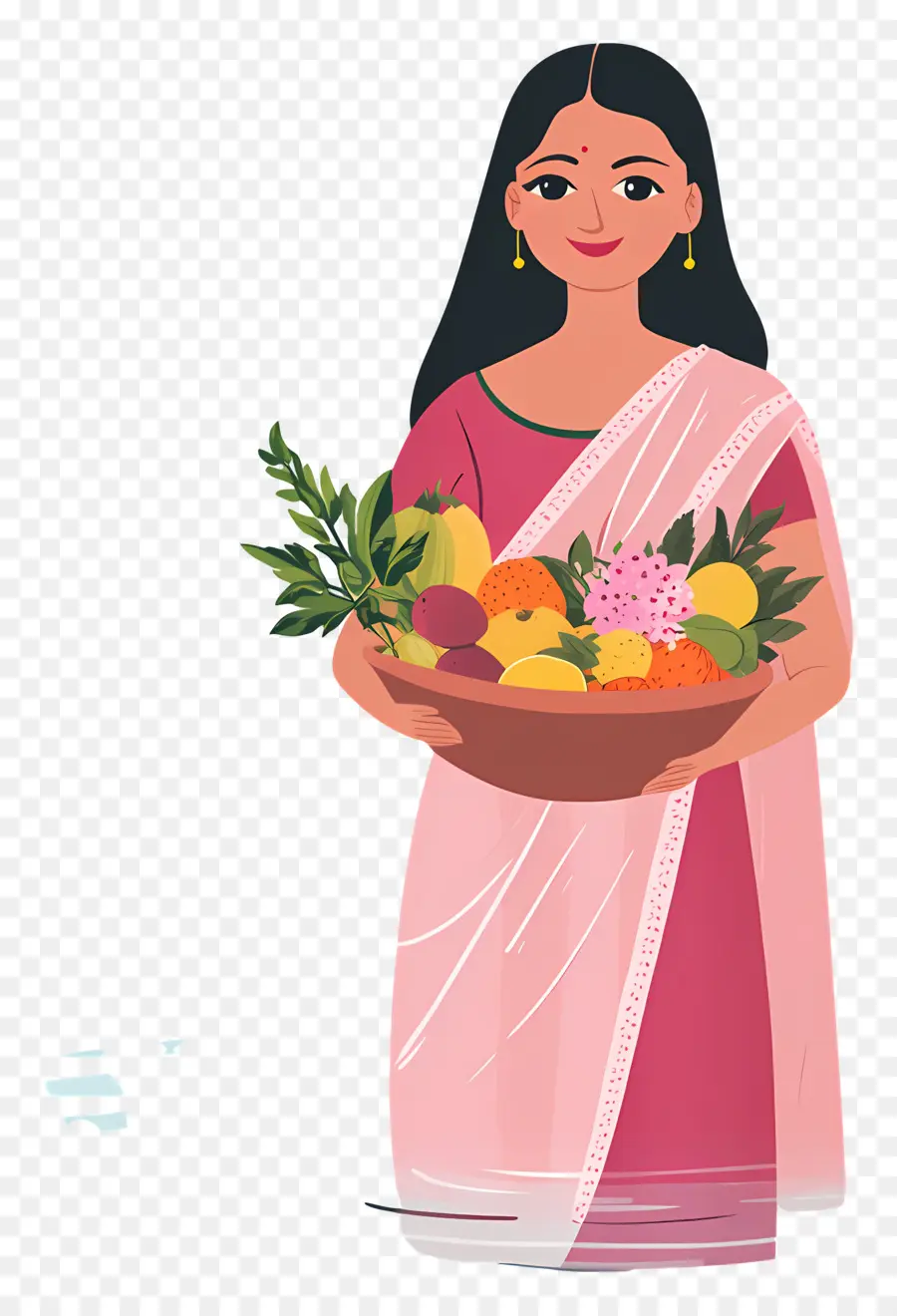 Chhath Puja，Femme Avec Corbeille De Fruits PNG