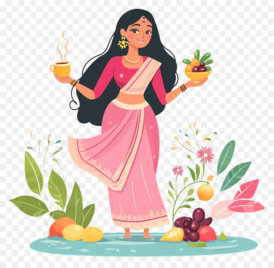 Chhath Puja，Femme Avec Corbeille De Fruits PNG