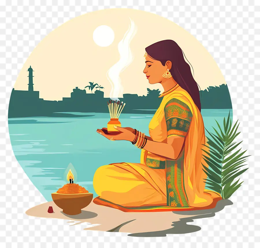 Chhath Puja，Femme Avec Diya PNG