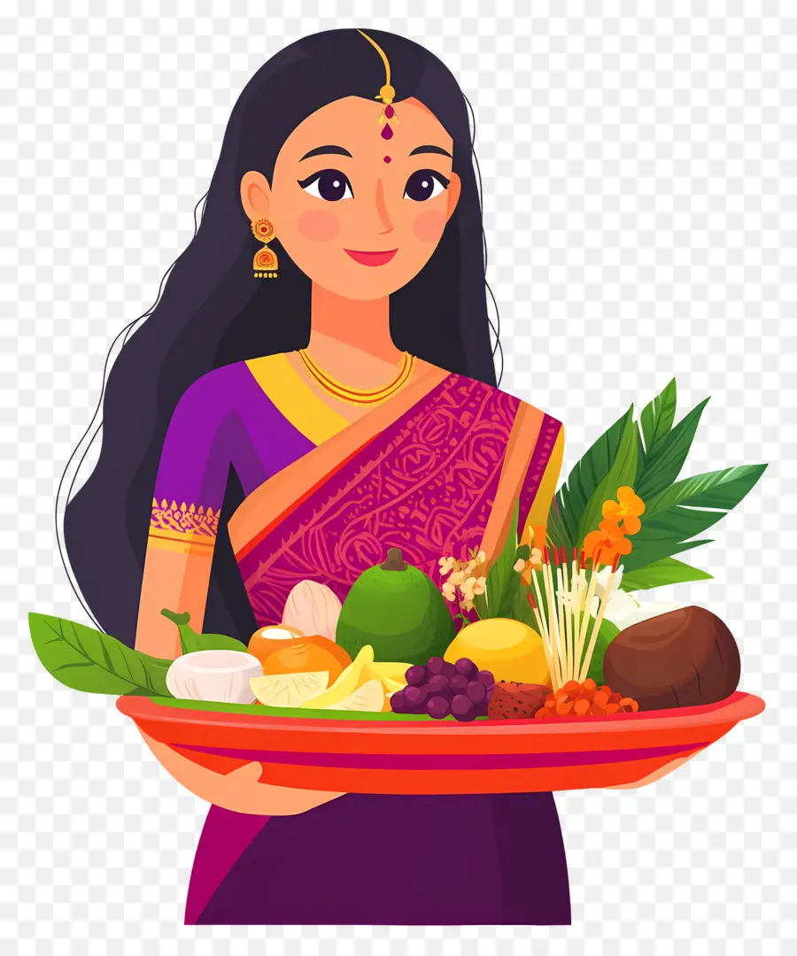 Chhath Puja，Femme Avec Corbeille De Fruits PNG