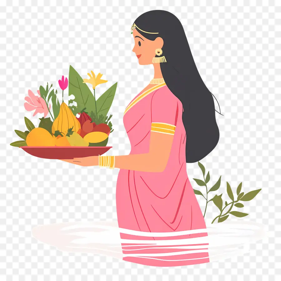 Chhath Puja，Femme Avec Corbeille De Fruits PNG