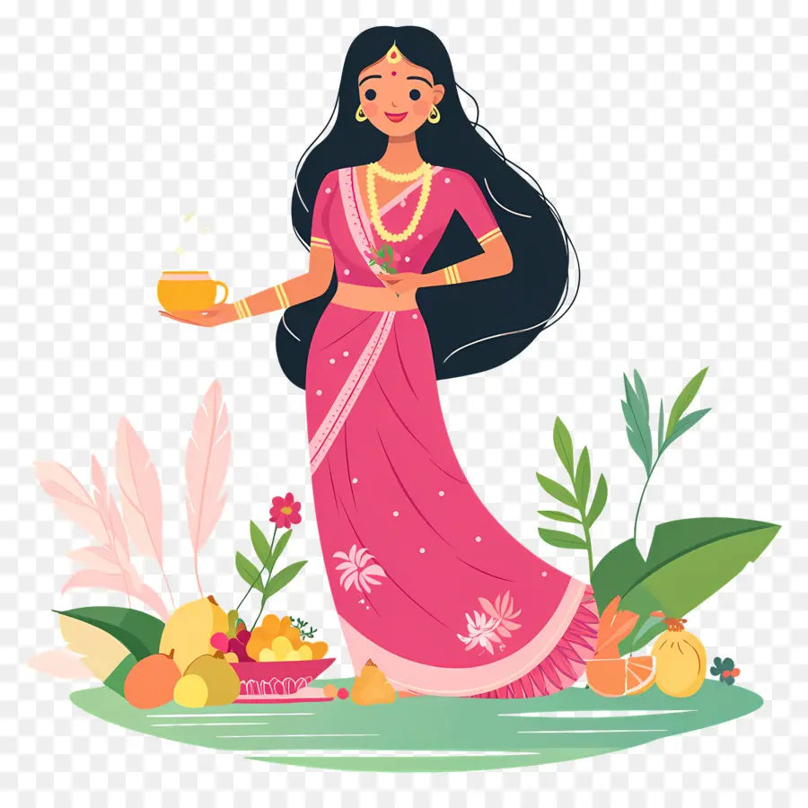 Chhath Puja，Femme Avec Corbeille De Fruits PNG