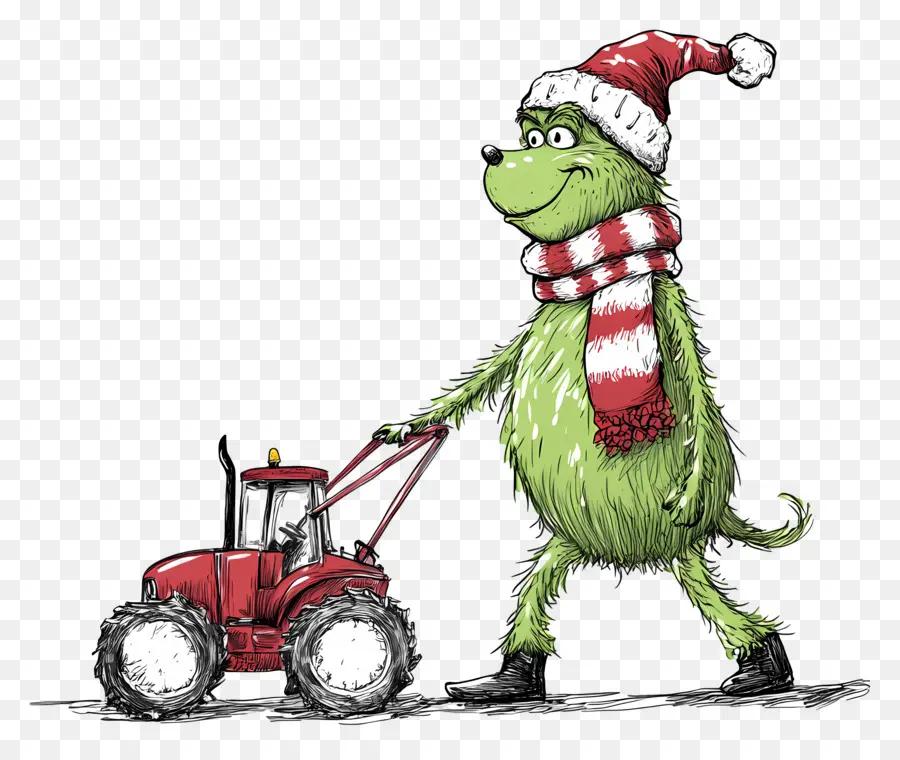 Grinch De Noël，Créature Verte Avec Tracteur Rouge PNG