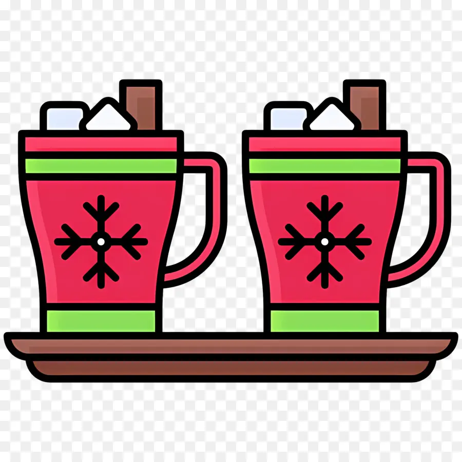 Chocolat Chaud De Noël，Deux Tasses Rouges Avec Des Flocons De Neige PNG