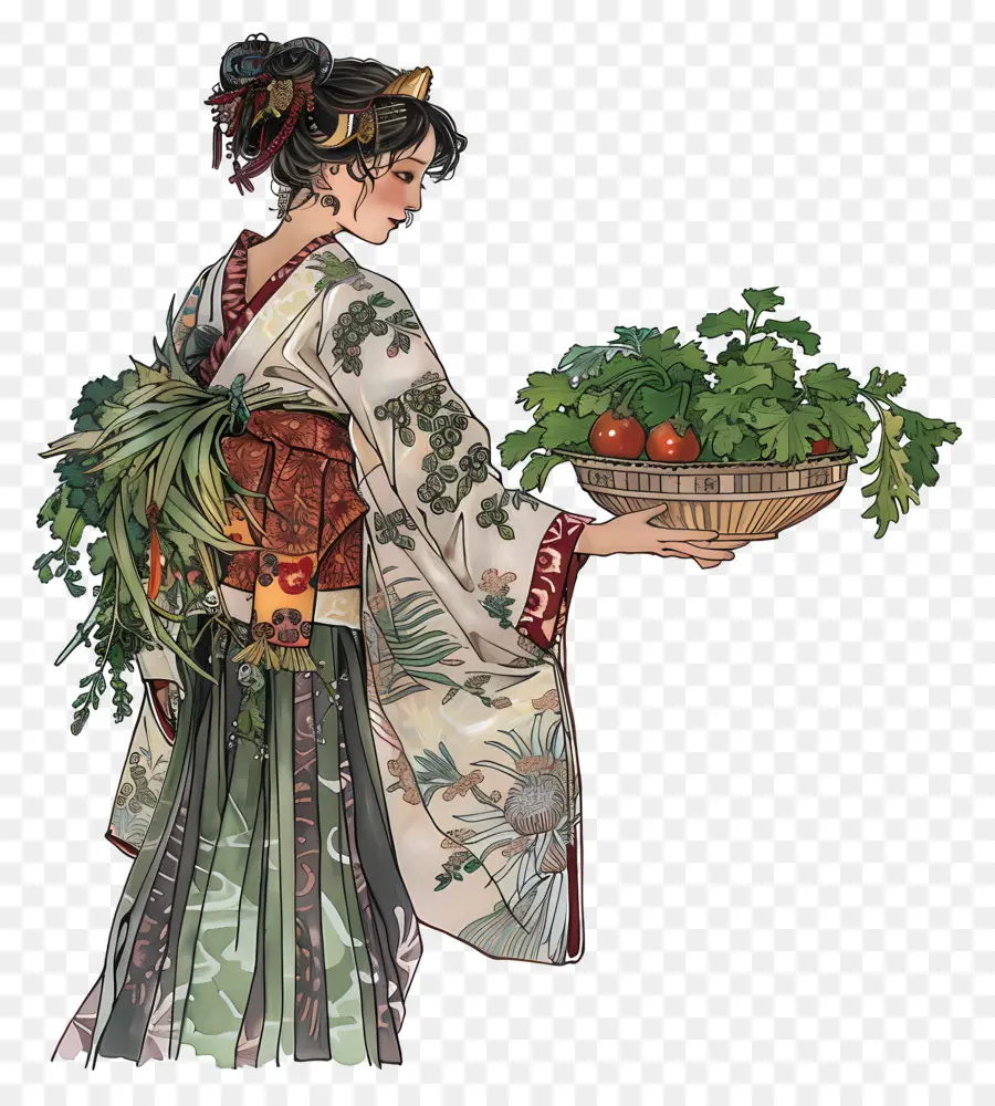 Femme Traditionnelle，Femme En Kimono Avec Des Légumes PNG