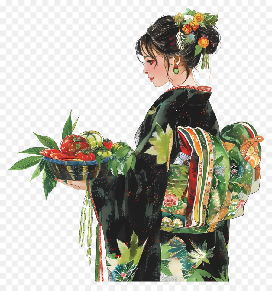 Femme Traditionnelle，Femme En Kimono Avec Des Fruits PNG