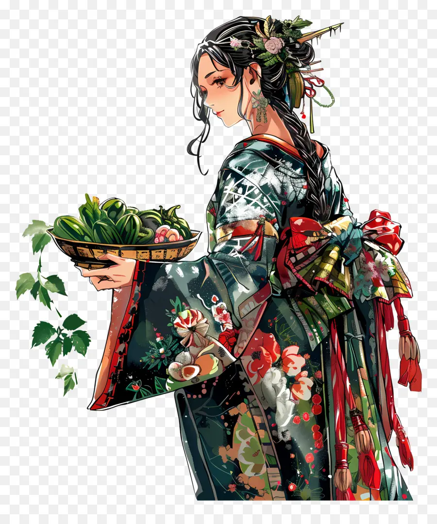 Femme Traditionnelle，Femme En Kimono Avec Des Légumes PNG