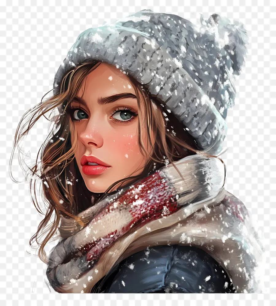 Fille D'hiver，Femme Au Chapeau Blanc PNG