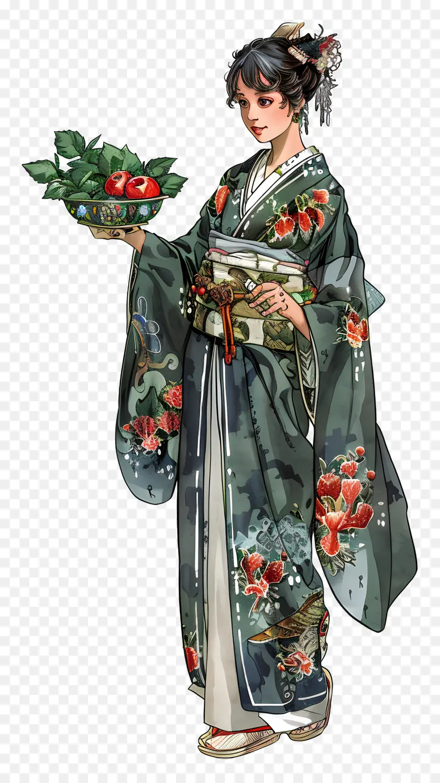 Femme Traditionnelle，Femme En Kimono Avec Des Fruits PNG