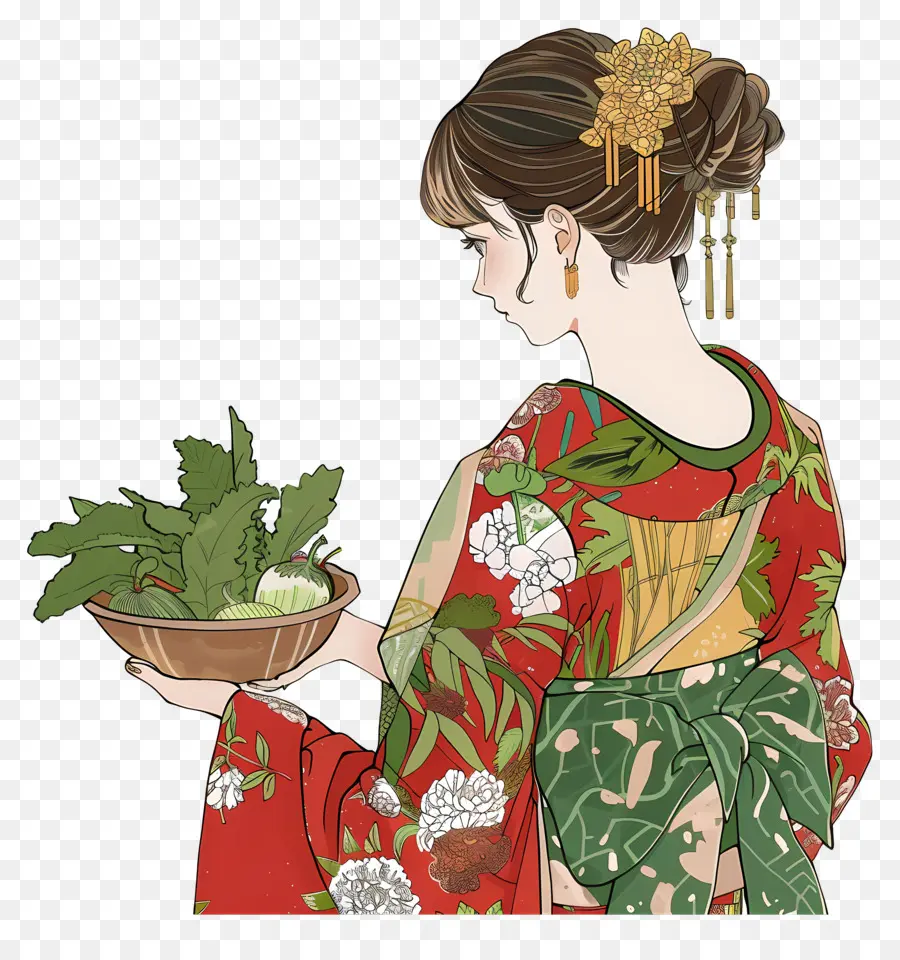 Femme Traditionnelle，Femme En Kimono Avec Des Légumes PNG