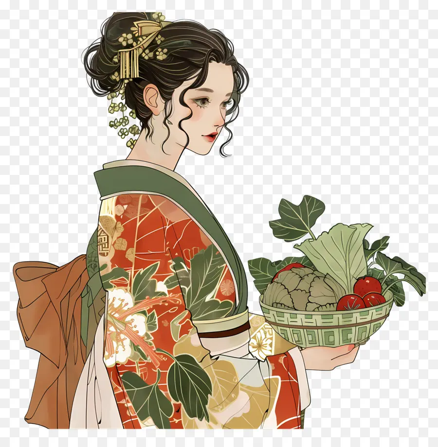 Femme Traditionnelle，Femme En Kimono Avec Des Légumes PNG