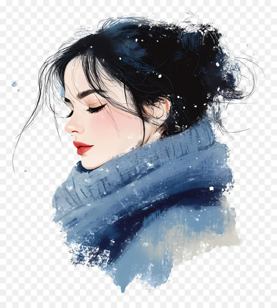 Fille D'hiver，Femme Au Foulard Bleu PNG