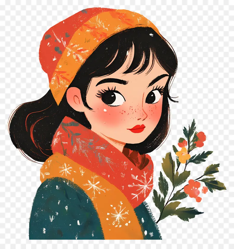 Fille D'hiver，Fille Avec Des Fleurs PNG