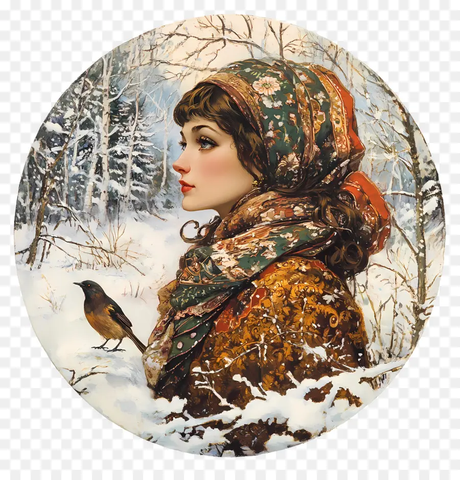 Fille D'hiver，Femme Avec Oiseau En Hiver PNG