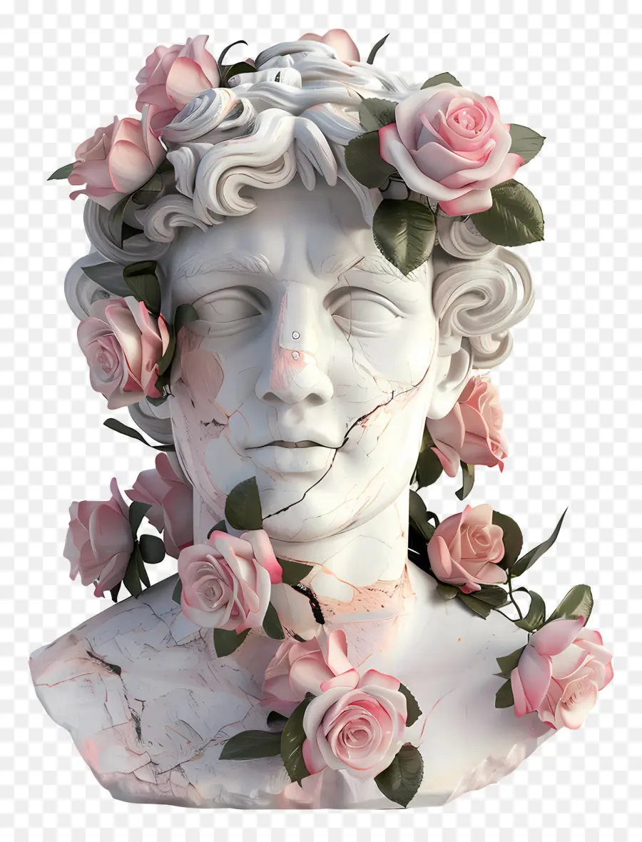 Sculpture En Marbre，Buste Avec Des Roses PNG