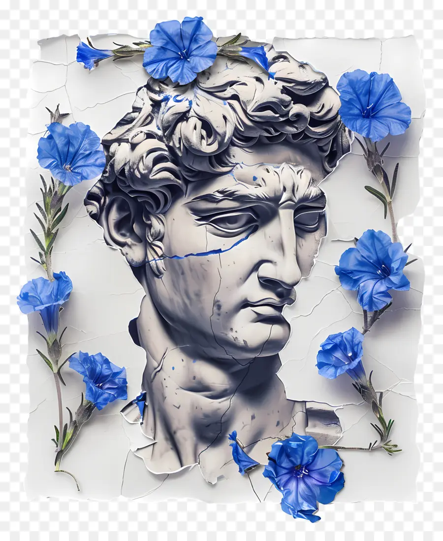 Sculpture Grecque，Sculpture Aux Fleurs Bleues PNG