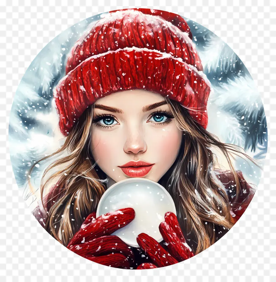 Fille D'hiver，Fille Au Chapeau Rouge PNG