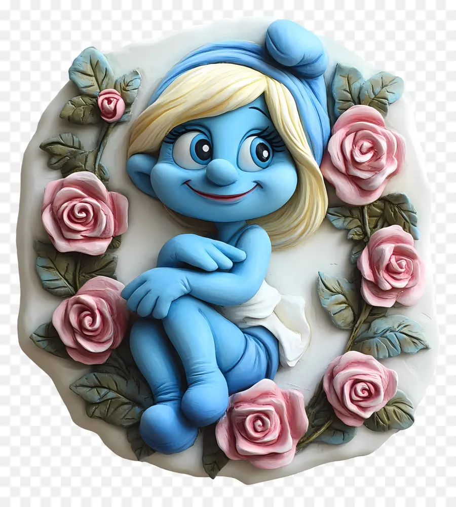 Schtroumpfette，Personnage De Dessin Animé Bleu Avec Des Roses PNG