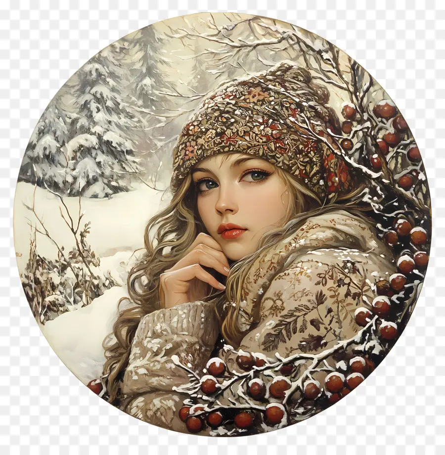 Fille D'hiver，Femme En Tenue D'hiver Fleurie PNG