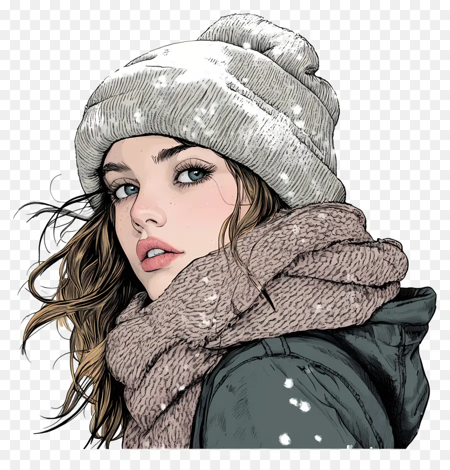 Fille D'hiver，Femme Au Chapeau Blanc PNG