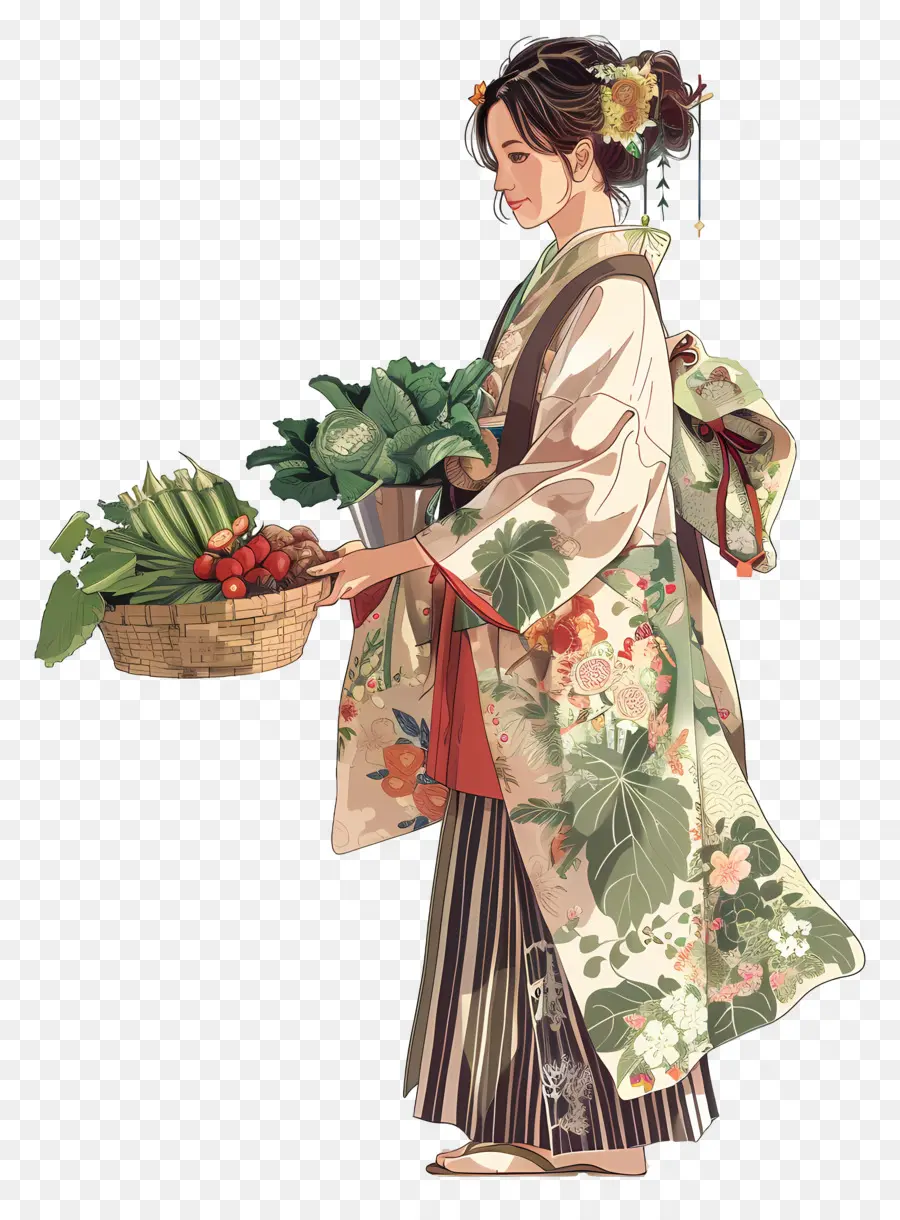 Femme Traditionnelle，Femme En Kimono Avec Des Légumes PNG