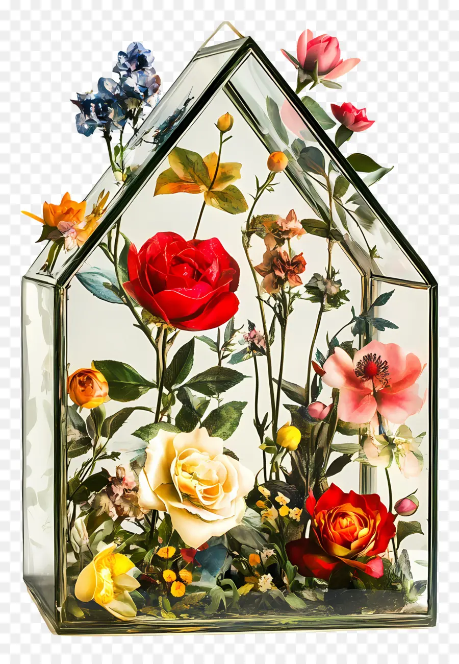 Maison De Fleurs En Verre，Maison De Verre Avec Fleurs PNG