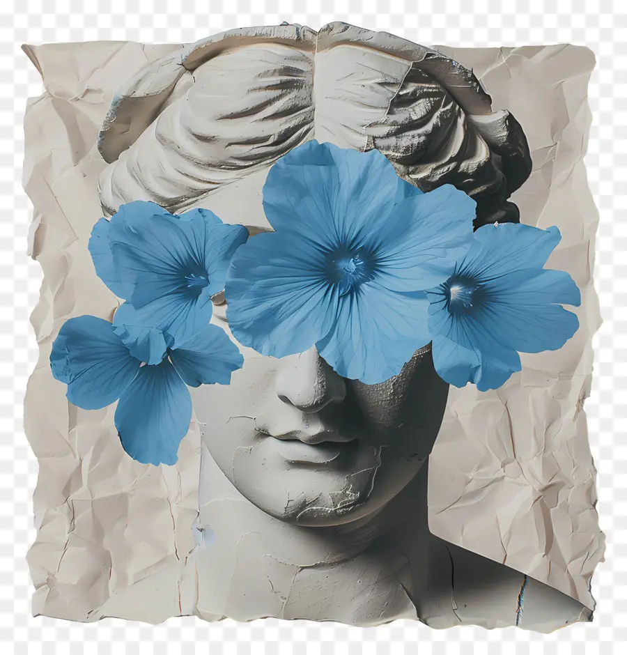 Sculpture Grecque，Fleurs Bleues Sur La Statue PNG