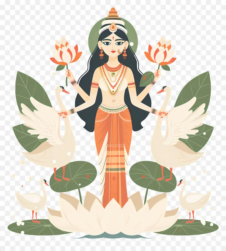 Vasant Panchami，Illustration De La Déesse Avec Des Cygnes PNG