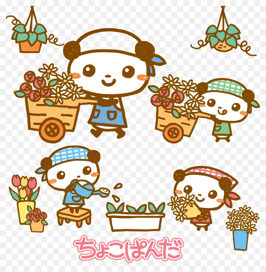 Chocopanda，Pandas Avec Des Fleurs PNG