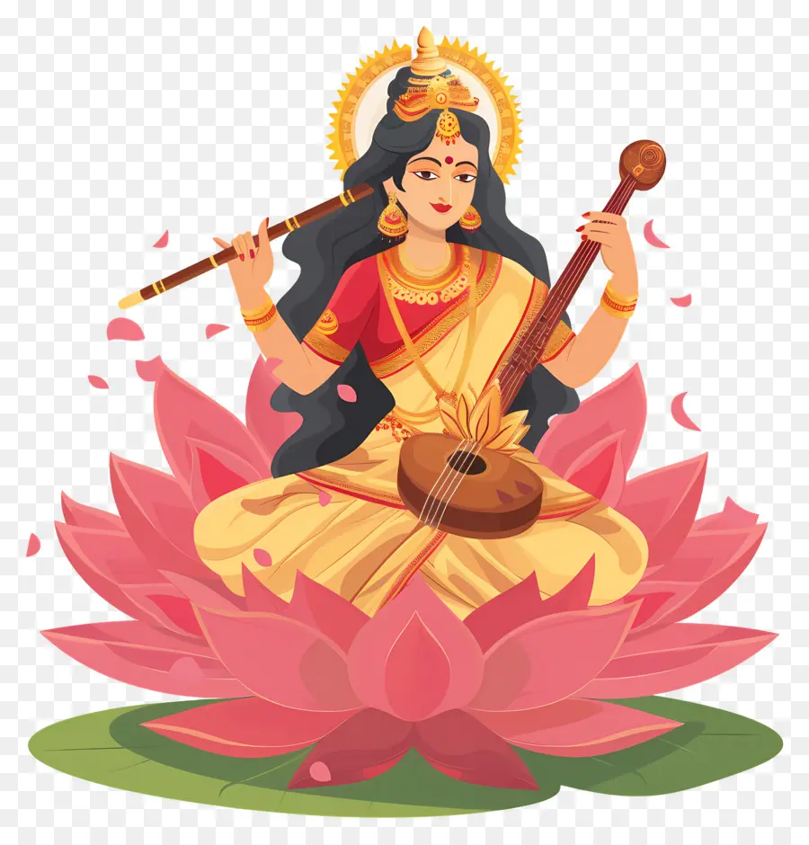 Vasant Panchami，Déesse Avec Instrument De Musique PNG