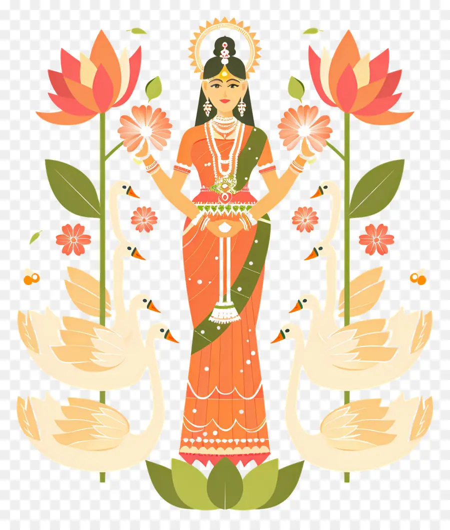 Vasant Panchami，Illustration De La Déesse Avec Des Cygnes PNG