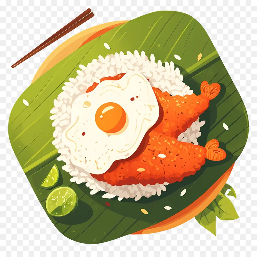 Nasi Gros，Riz Et Poulet Sur Feuille De Bananier PNG