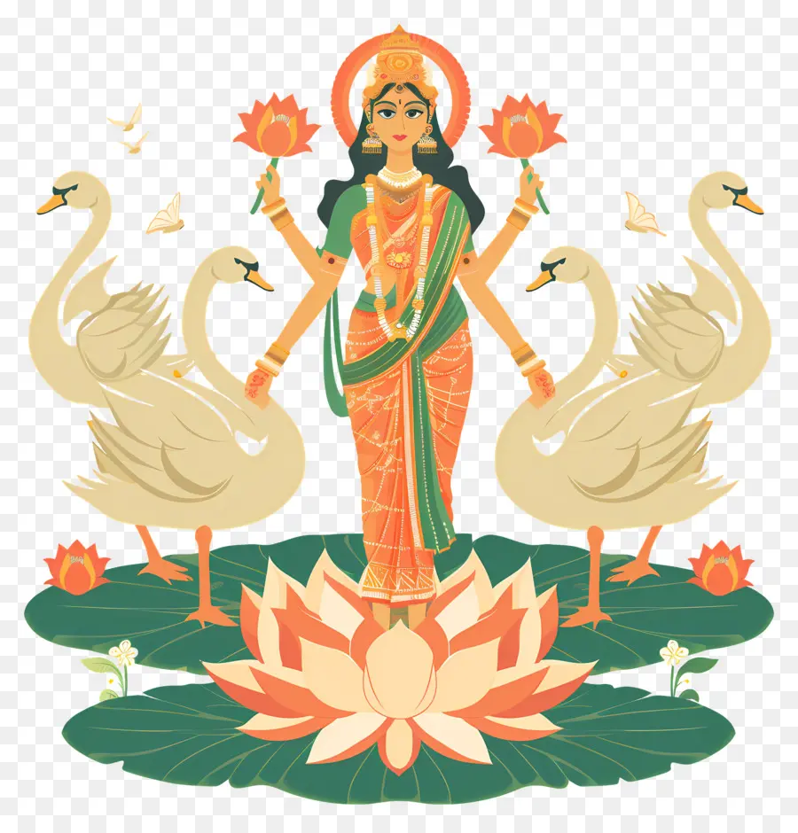 Vasant Panchami，Illustration De La Déesse Avec Des Cygnes PNG