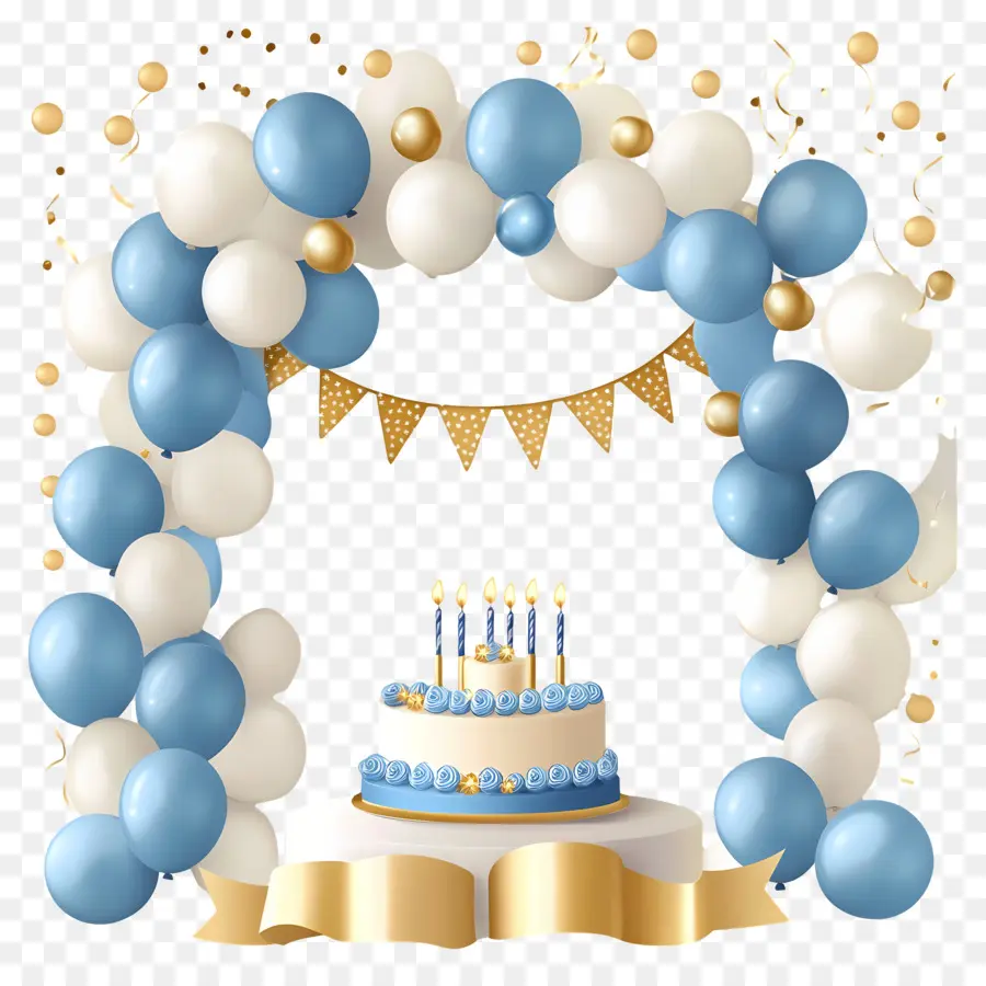 Fond D'anniversaire，Arche De Ballons Avec Gâteau PNG