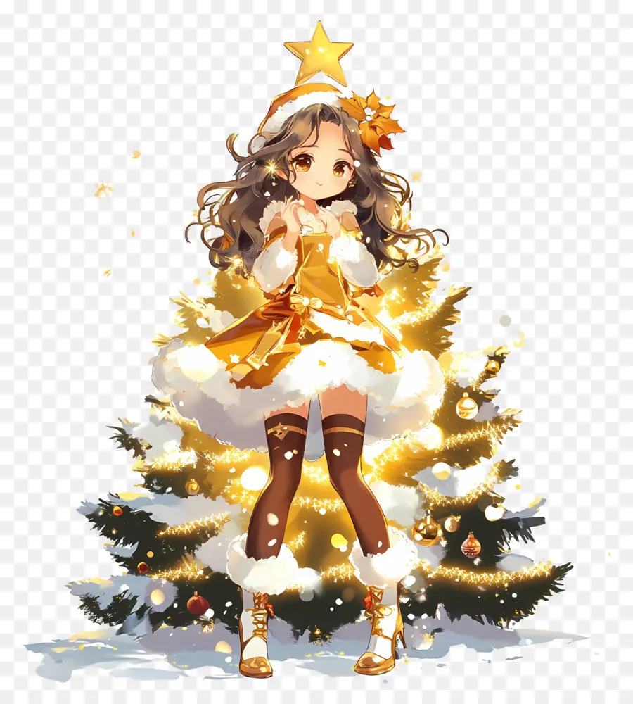 Or De Noël，Fille Anime Avec Arbre PNG