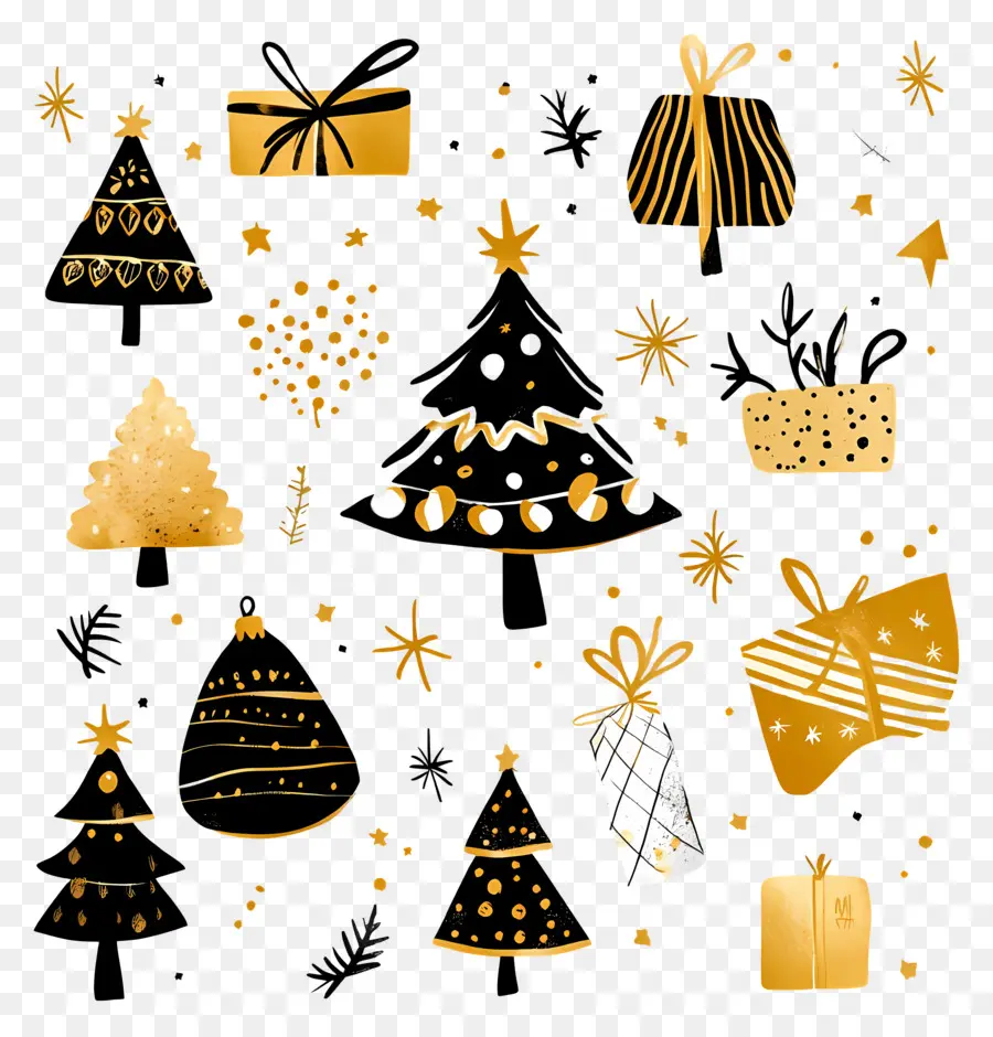 Or De Noël，Décorations Noires Et Dorées PNG